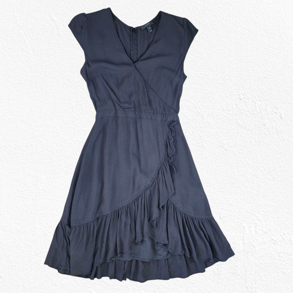 J.Crew Black Crepe Ruffle Hem V Neck Knee Length Flounce Wrap Dress Size 0 - Picture 1 of 9